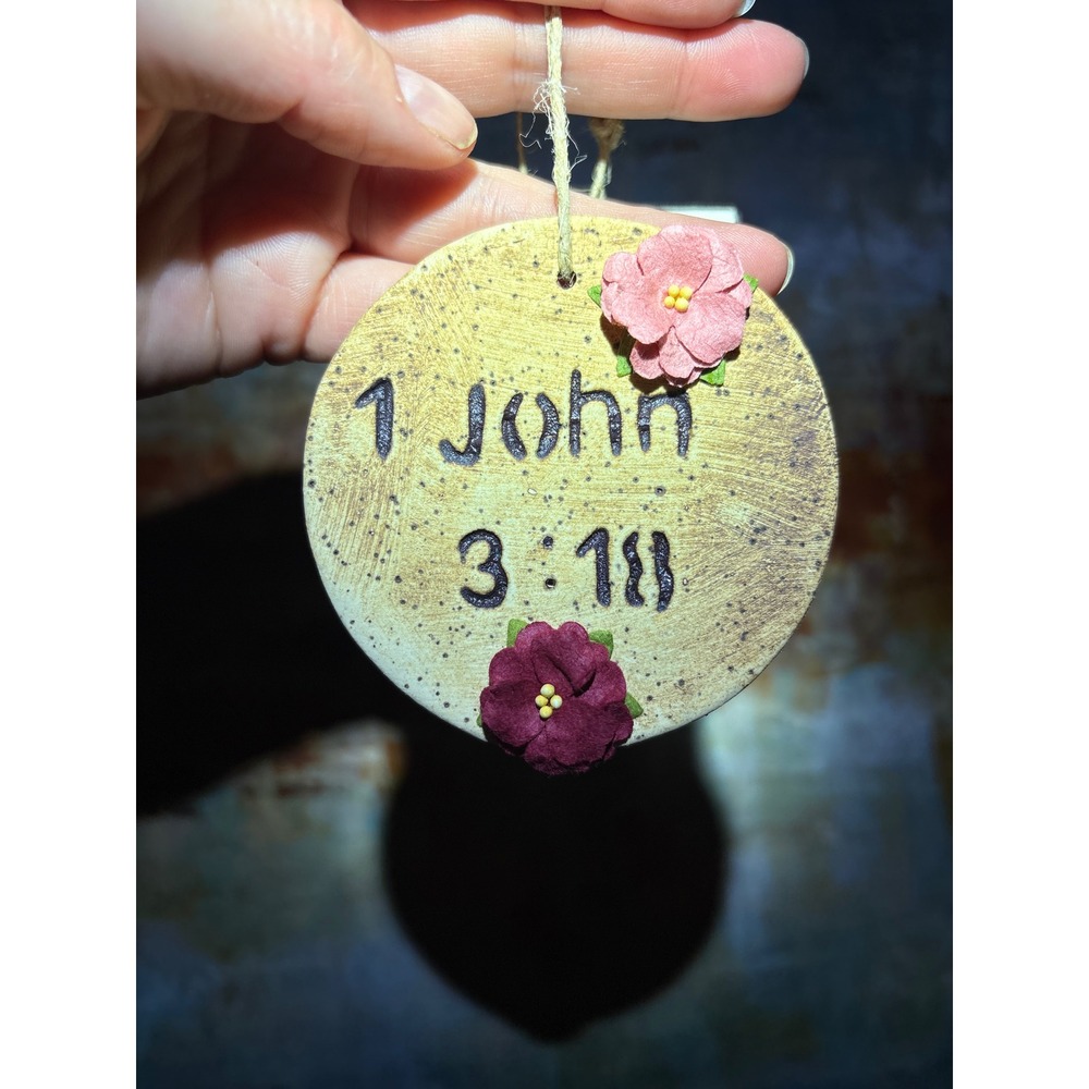 Handmade 1 John 3:18 Scripture Clay Ornament Gold Floral Religious Decor 2024